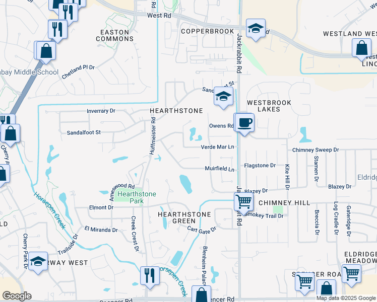 map of restaurants, bars, coffee shops, grocery stores, and more near 14411 Verde Mar Lane in Houston