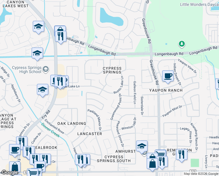 map of restaurants, bars, coffee shops, grocery stores, and more near 7819 Ashland Springs Lane in Cypress