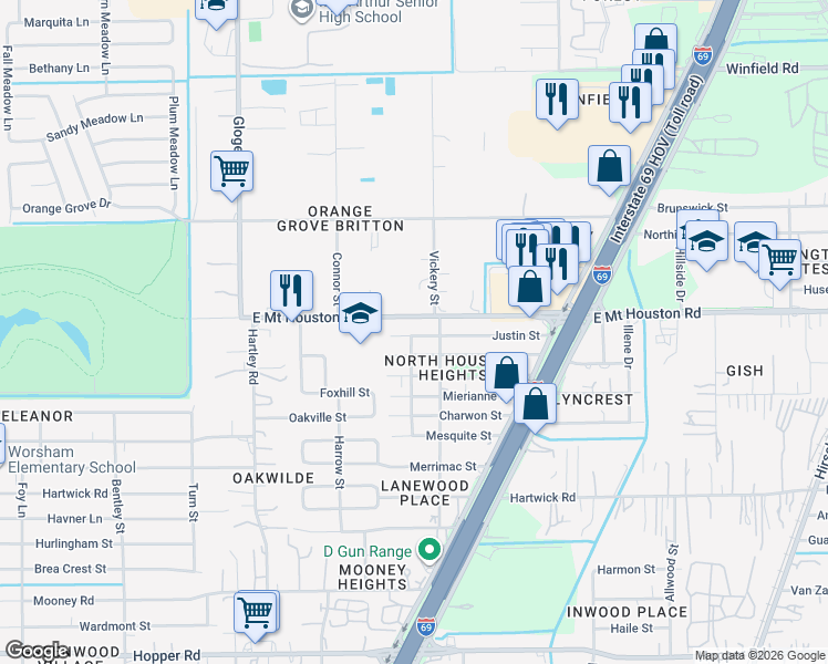 map of restaurants, bars, coffee shops, grocery stores, and more near 4619 Justin Street in Houston