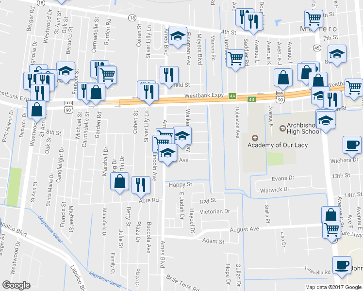 map of restaurants, bars, coffee shops, grocery stores, and more near 6211 5th Avenue in Marrero
