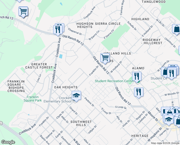 map of restaurants, bars, coffee shops, grocery stores, and more near 516 Franklin Drive in San Marcos