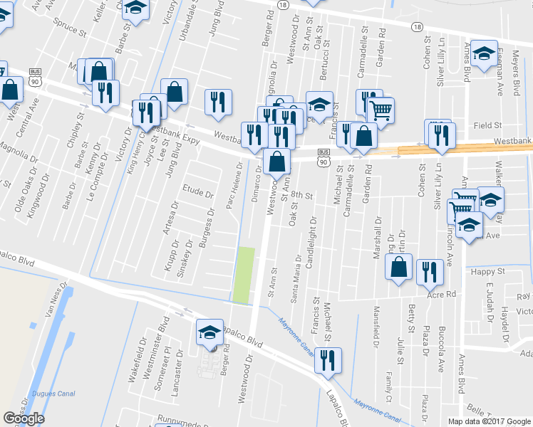 map of restaurants, bars, coffee shops, grocery stores, and more near 1032 Westwood Drive in Marrero