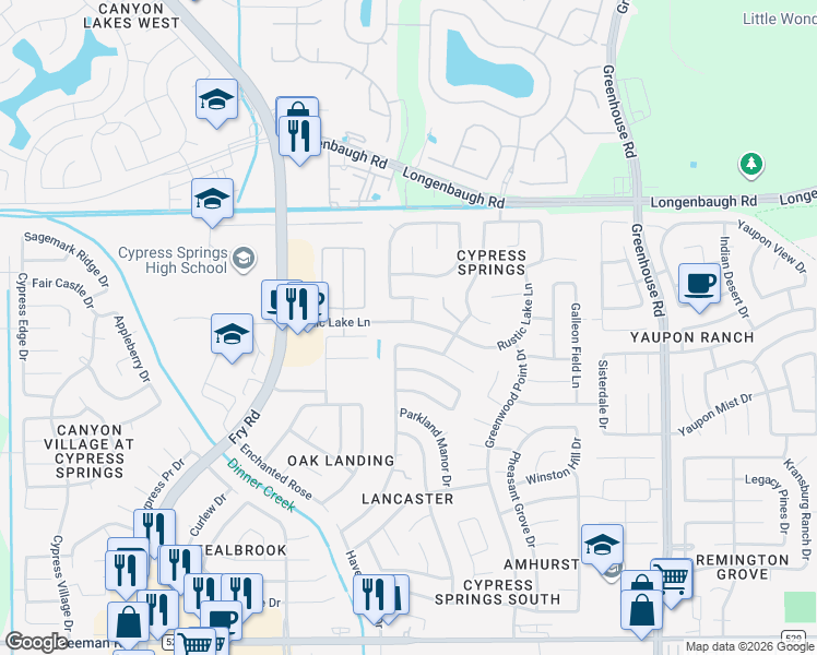 map of restaurants, bars, coffee shops, grocery stores, and more near 20003 Rustic Lake Lane in Cypress
