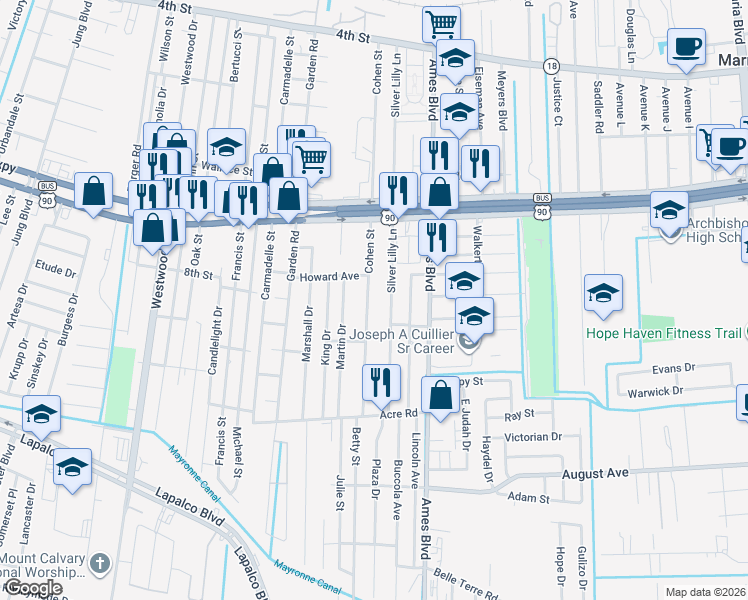 map of restaurants, bars, coffee shops, grocery stores, and more near 1036 Cohen Street in Marrero