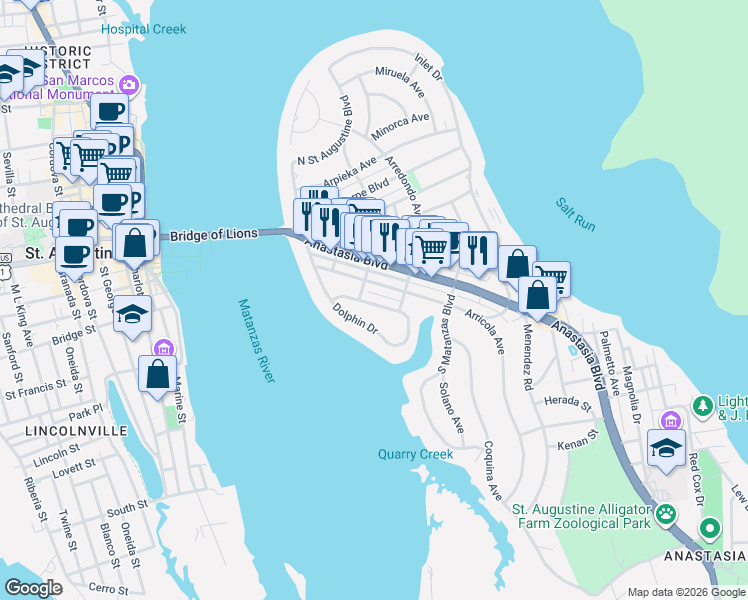 map of restaurants, bars, coffee shops, grocery stores, and more near 200 Zoratoa Avenue in St. Augustine