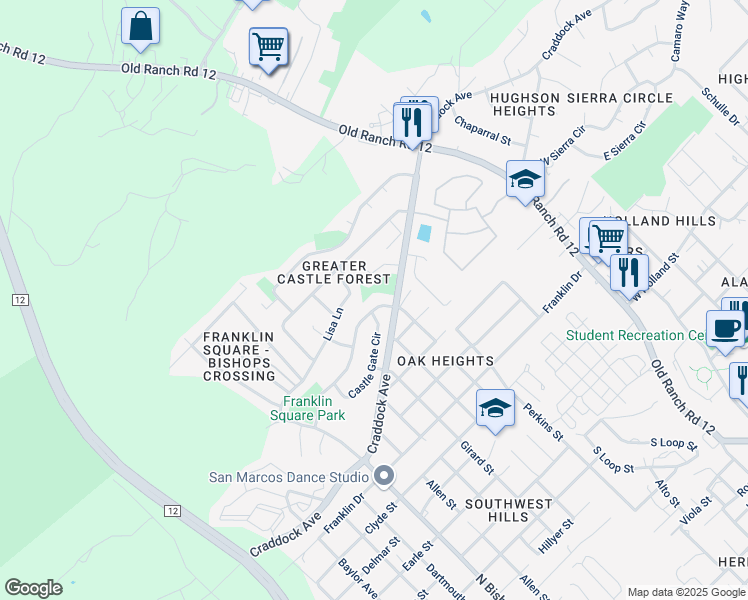 map of restaurants, bars, coffee shops, grocery stores, and more near 1910 Nevada Street in San Marcos
