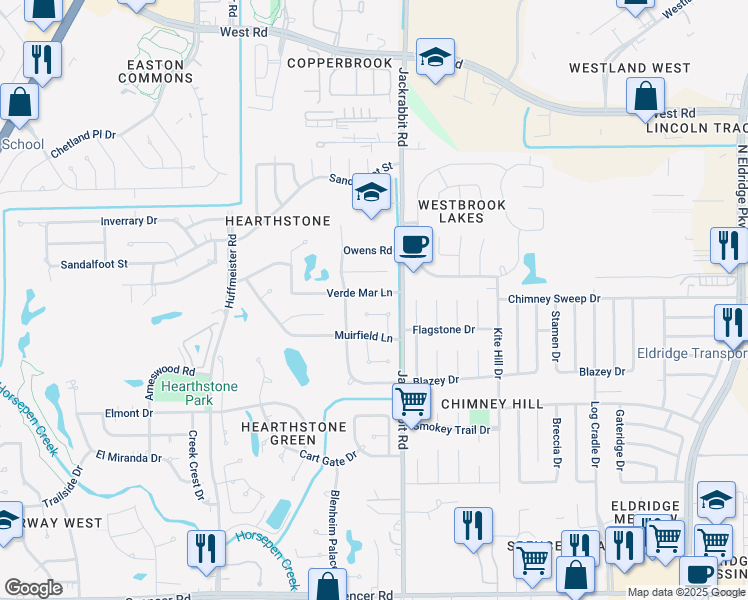 map of restaurants, bars, coffee shops, grocery stores, and more near 14119 Verde Mar Lane in Houston