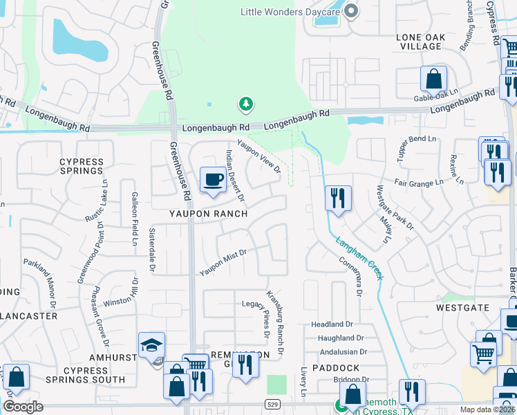 map of restaurants, bars, coffee shops, grocery stores, and more near 19107 Yaupon Ranch Drive in Cypress