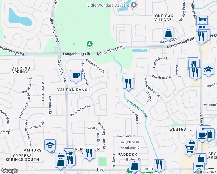 map of restaurants, bars, coffee shops, grocery stores, and more near 7806 Black Gap Drive in Cypress