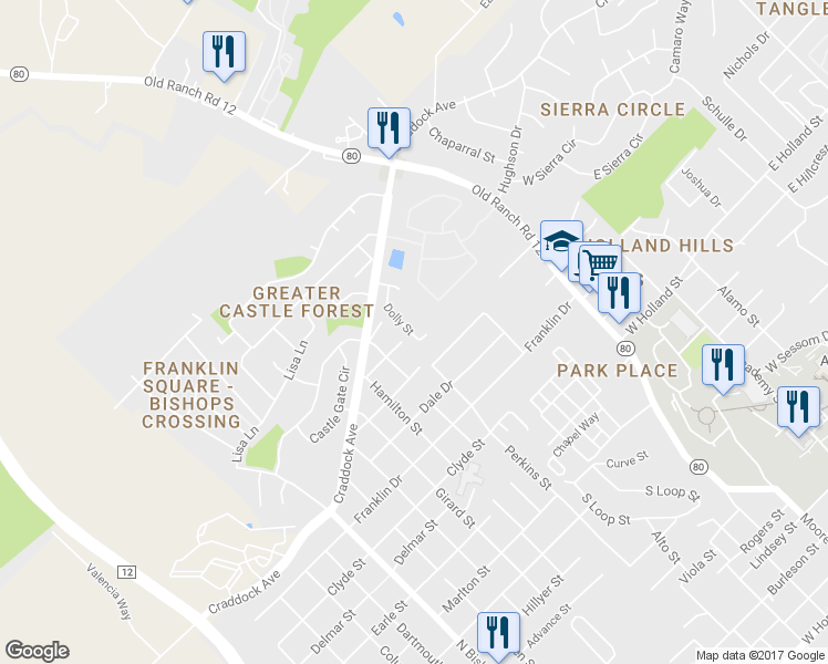 map of restaurants, bars, coffee shops, grocery stores, and more near 147 Dolly Street in San Marcos
