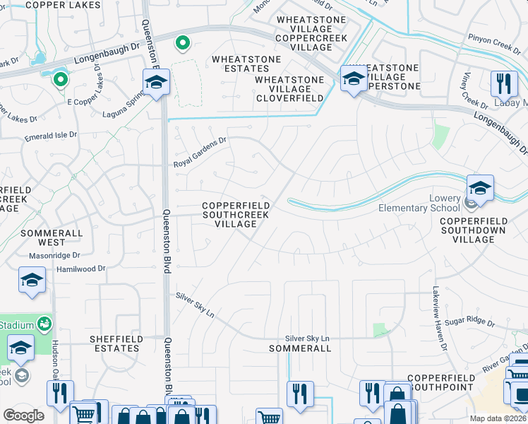 map of restaurants, bars, coffee shops, grocery stores, and more near 7619 Shangrila Lane in Houston