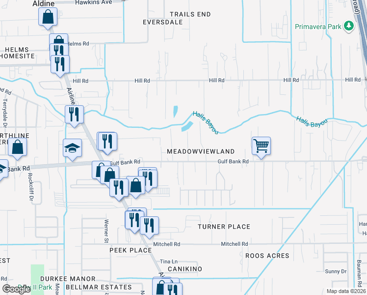 map of restaurants, bars, coffee shops, grocery stores, and more near 13227 Atlasta Lane in Houston