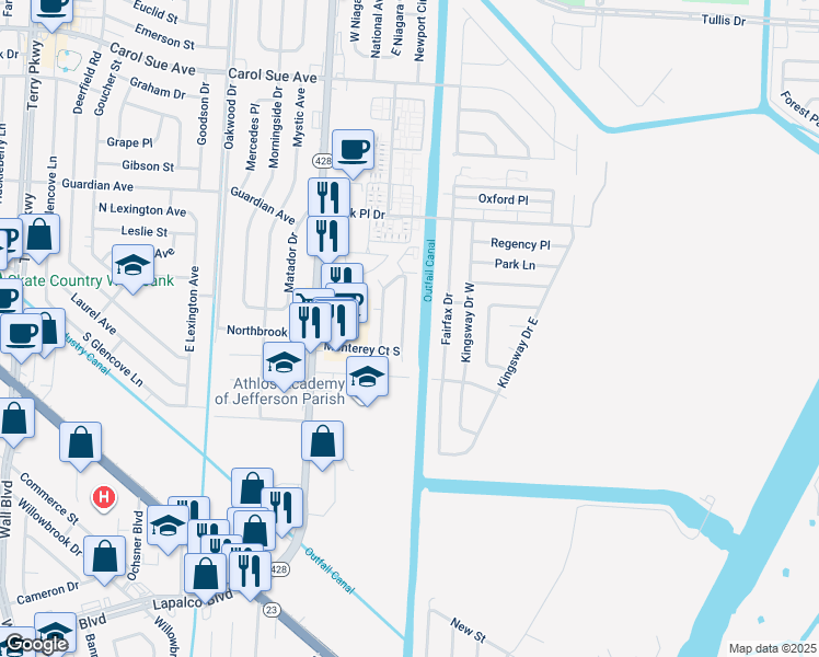 map of restaurants, bars, coffee shops, grocery stores, and more near 920 Fairfax Drive in Gretna
