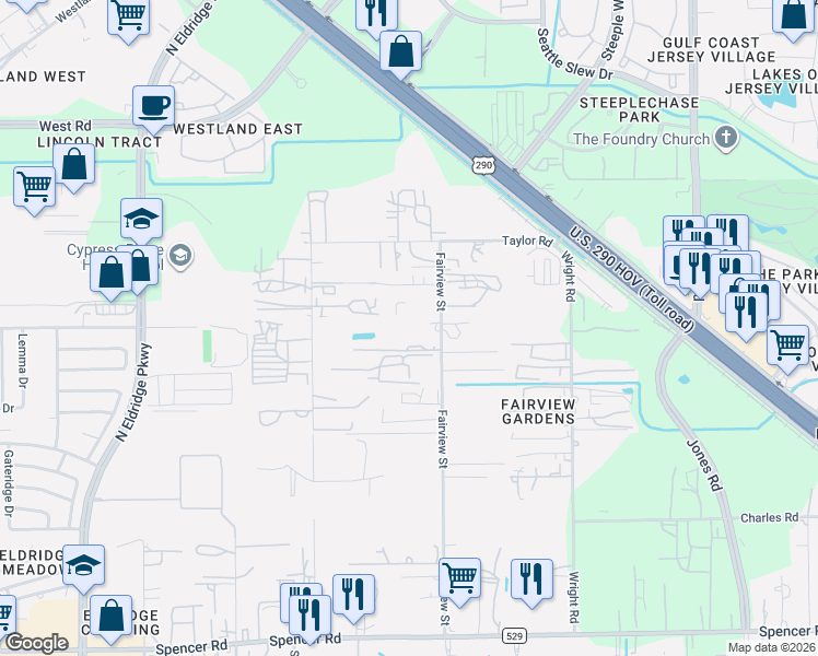 map of restaurants, bars, coffee shops, grocery stores, and more near 7743 Fairview Street in Houston