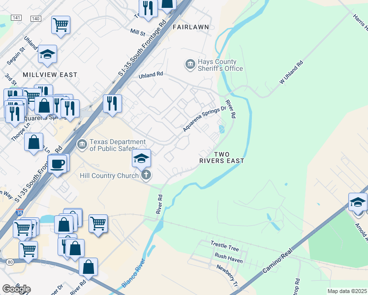 map of restaurants, bars, coffee shops, grocery stores, and more near 1900 Aquarena Springs Drive in San Marcos