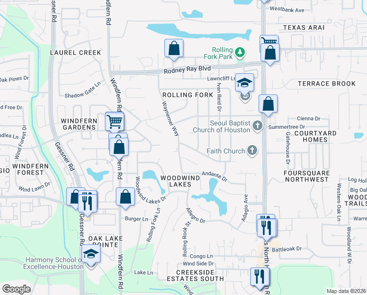 map of restaurants, bars, coffee shops, grocery stores, and more near 8919 Wilson Reid Drive in Houston