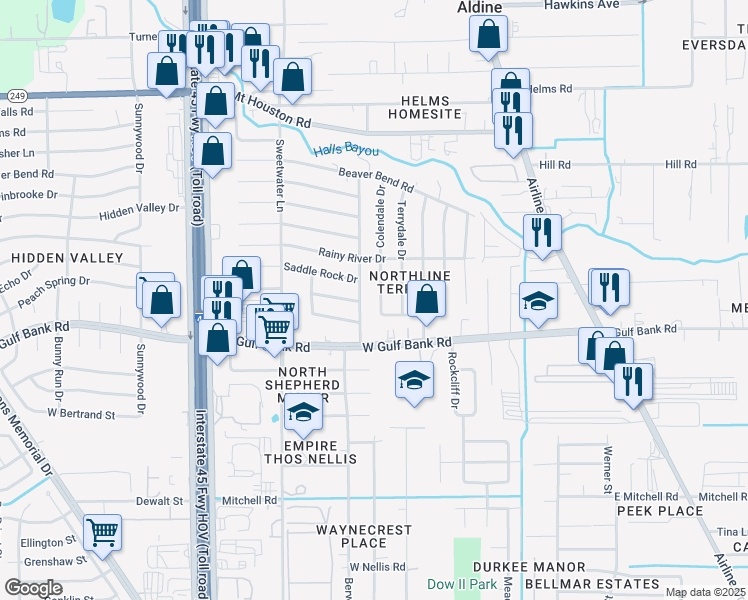 map of restaurants, bars, coffee shops, grocery stores, and more near 9119 Colendale Drive in Houston