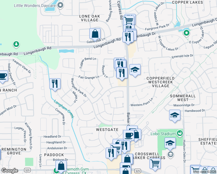 map of restaurants, bars, coffee shops, grocery stores, and more near 18107 Clayton Bluff Lane in Cypress