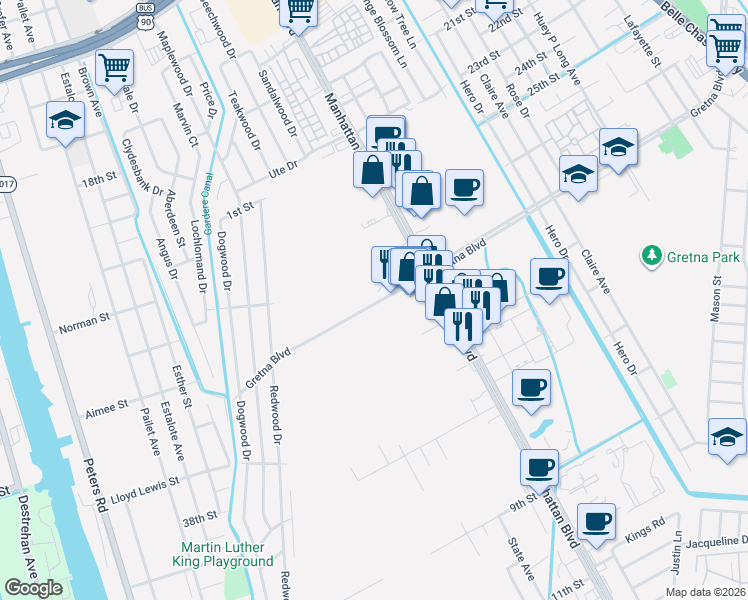 map of restaurants, bars, coffee shops, grocery stores, and more near 1801 Gretna Boulevard in Harvey