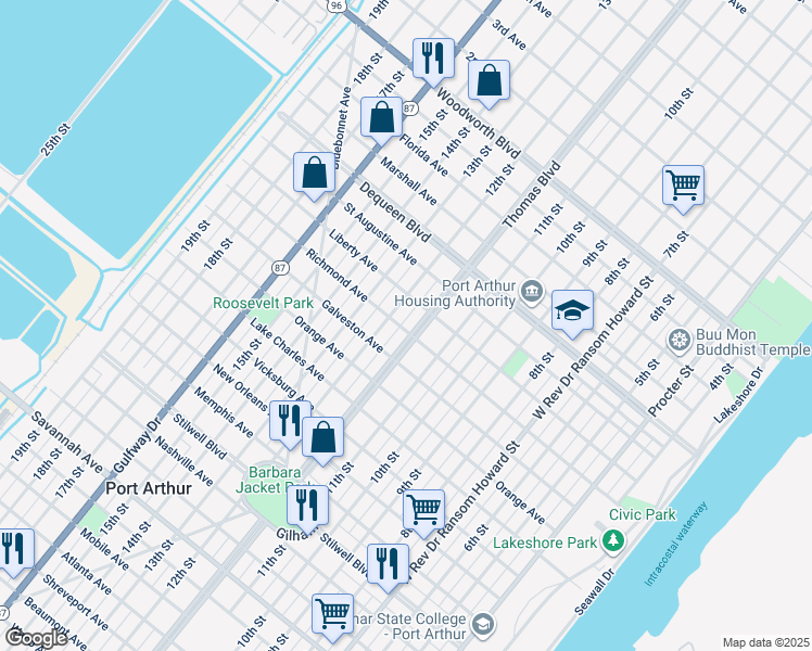 map of restaurants, bars, coffee shops, grocery stores, and more near 2201 Thomas Boulevard in Port Arthur