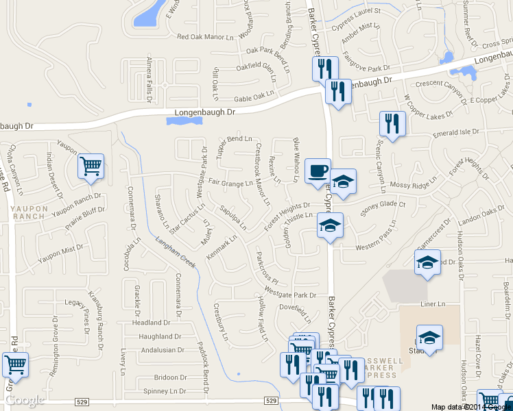 map of restaurants, bars, coffee shops, grocery stores, and more near 7602 Park Sage Lane in Cypress