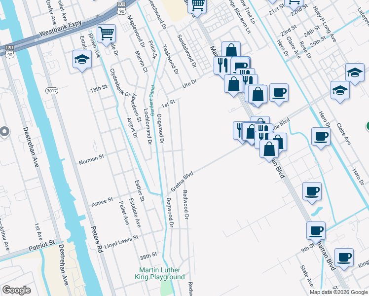 map of restaurants, bars, coffee shops, grocery stores, and more near 1397 Redwood Drive in Harvey