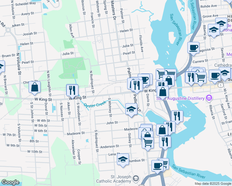 map of restaurants, bars, coffee shops, grocery stores, and more near 268 West King Street in Saint Augustine