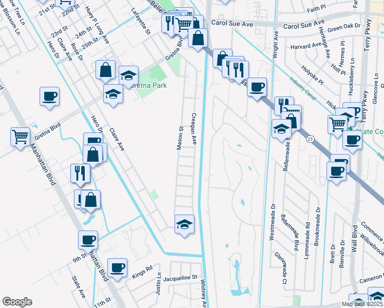 map of restaurants, bars, coffee shops, grocery stores, and more near 12 Cypress Street in Gretna