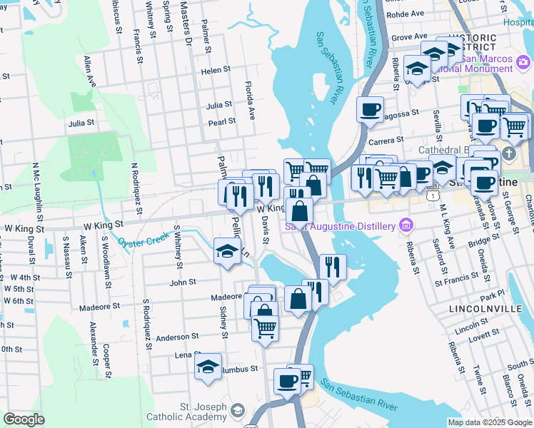 map of restaurants, bars, coffee shops, grocery stores, and more near 3 Davis Street in St. Augustine