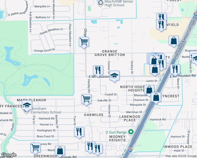map of restaurants, bars, coffee shops, grocery stores, and more near 11663 Northpost Street in Houston