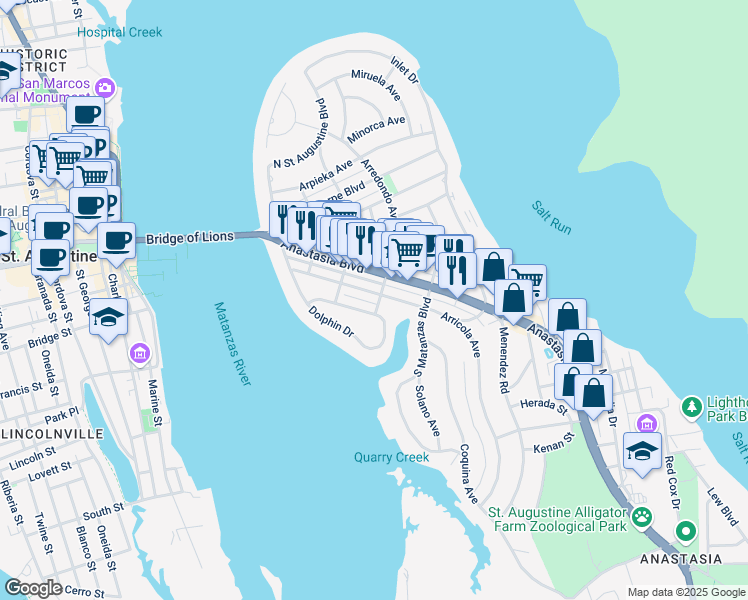 map of restaurants, bars, coffee shops, grocery stores, and more near 219 Arricola Avenue in St. Augustine