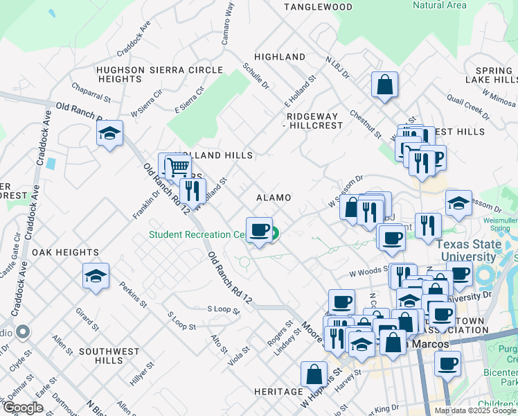 map of restaurants, bars, coffee shops, grocery stores, and more near 1116 Academy Street in San Marcos