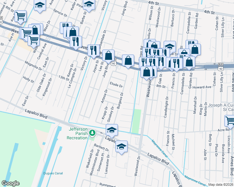 map of restaurants, bars, coffee shops, grocery stores, and more near 7409 Freemark Drive in Marrero