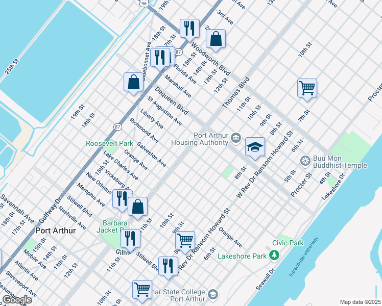 map of restaurants, bars, coffee shops, grocery stores, and more near 2248 Thomas Boulevard in Port Arthur