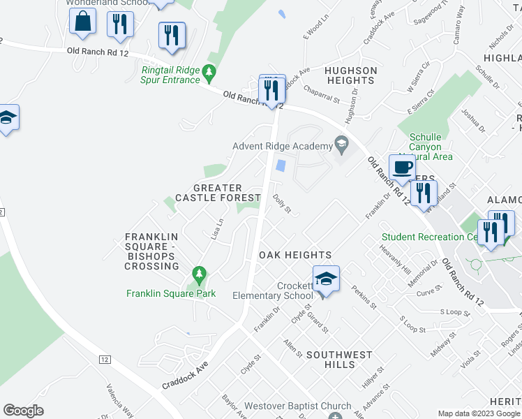 map of restaurants, bars, coffee shops, grocery stores, and more near Craddock Avenue in San Marcos