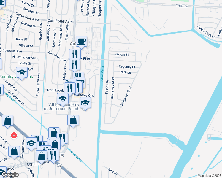 map of restaurants, bars, coffee shops, grocery stores, and more near 916 Kingsway Drive East in Terrytown