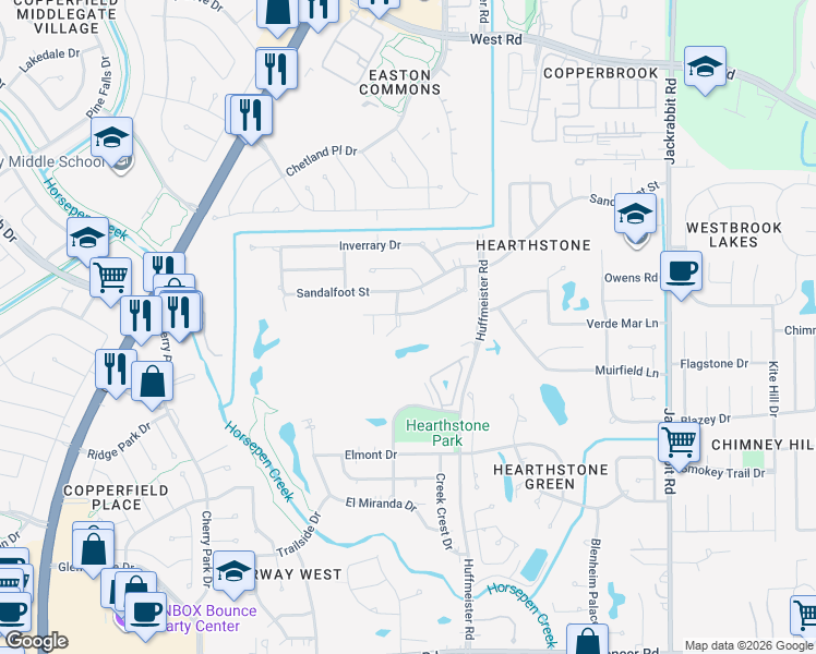 map of restaurants, bars, coffee shops, grocery stores, and more near 7806 Sapphire Valley Road in Houston