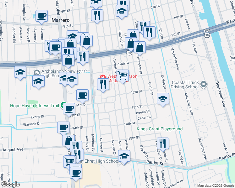 map of restaurants, bars, coffee shops, grocery stores, and more near 1200 Avenue A in Marrero