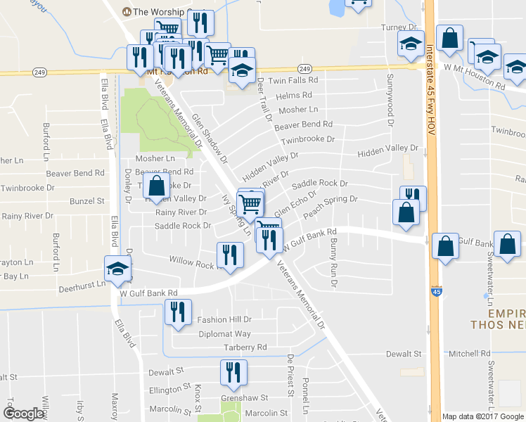 map of restaurants, bars, coffee shops, grocery stores, and more near 1331 Saddle Rock Drive in Houston