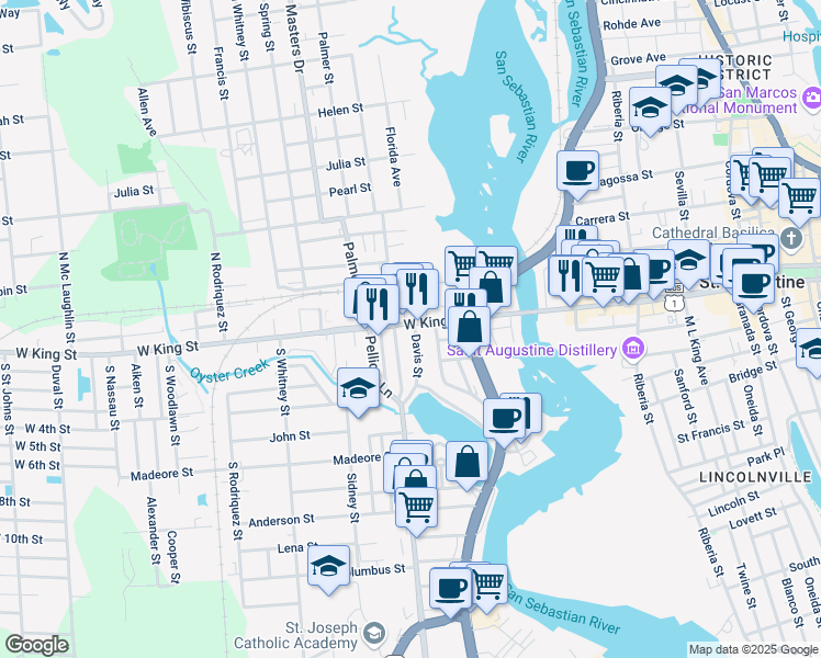 map of restaurants, bars, coffee shops, grocery stores, and more near 3 Davis Street in St. Augustine