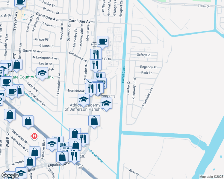 map of restaurants, bars, coffee shops, grocery stores, and more near 933 Monterey Court West in Terrytown
