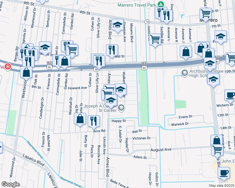 map of restaurants, bars, coffee shops, grocery stores, and more near 6211 5th Avenue in Marrero