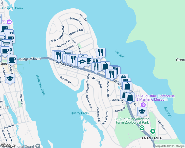 map of restaurants, bars, coffee shops, grocery stores, and more near 405 Anastasia Boulevard in St. Augustine