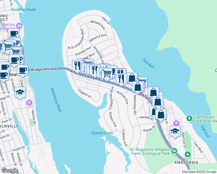 map of restaurants, bars, coffee shops, grocery stores, and more near 313 Arricola Avenue in St. Augustine