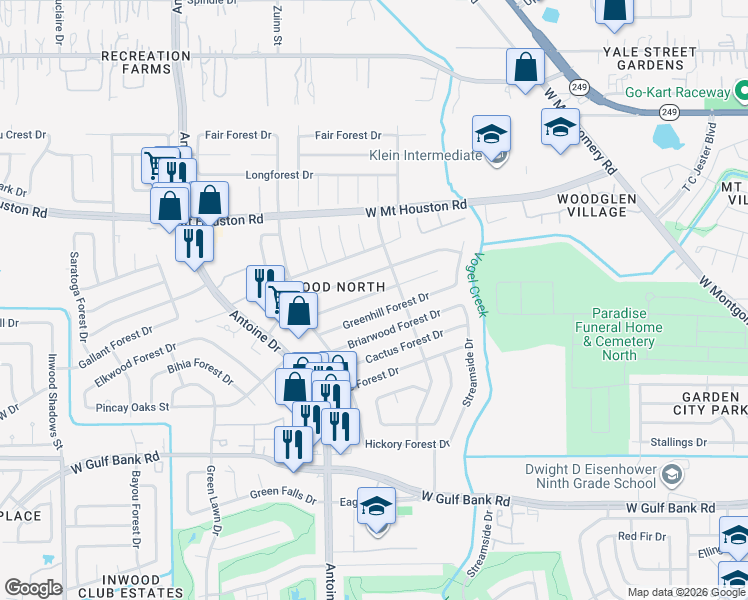 map of restaurants, bars, coffee shops, grocery stores, and more near 5523 Canyon Forest Drive in Houston