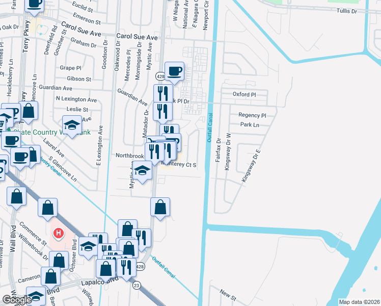 map of restaurants, bars, coffee shops, grocery stores, and more near 933 Monterey Court West in Terrytown
