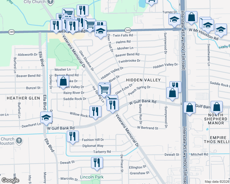 map of restaurants, bars, coffee shops, grocery stores, and more near 1331 Saddle Rock Drive in Houston