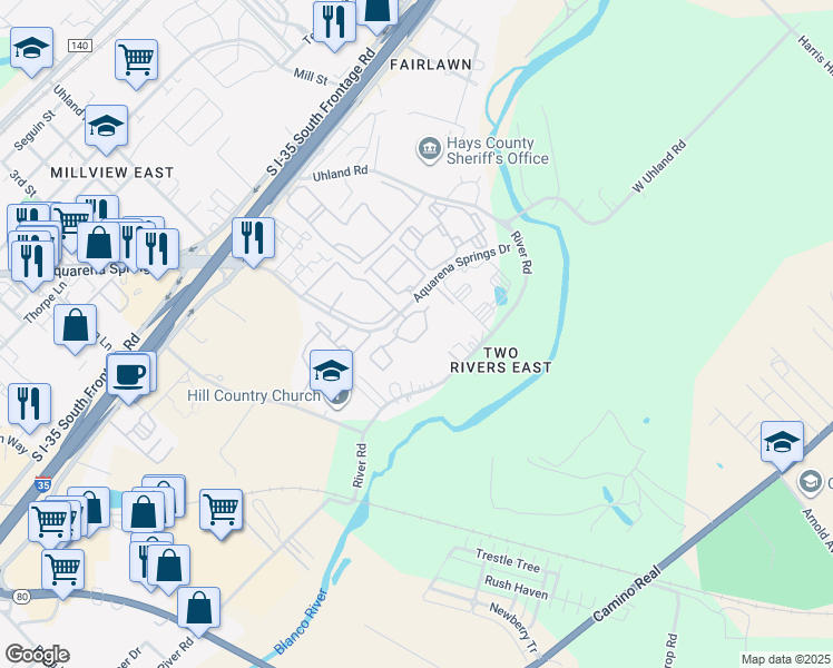 map of restaurants, bars, coffee shops, grocery stores, and more near 1900 Aquarena Springs Drive in San Marcos