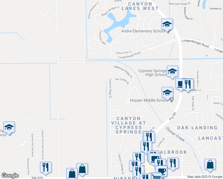 map of restaurants, bars, coffee shops, grocery stores, and more near 20738 Dickinson Manor Lane in Cypress