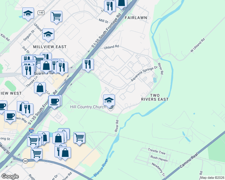 map of restaurants, bars, coffee shops, grocery stores, and more near 1850 Aquarena Springs Drive in San Marcos
